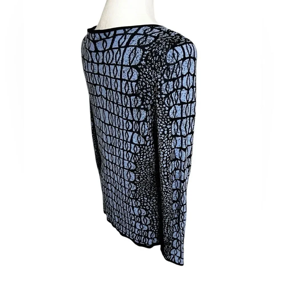 NIC+ZOE medium blue and black geometric sweater crew neck long sleeve
